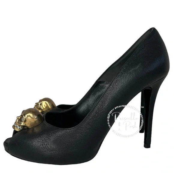 Alexander McQueen Skull Peep Toe Pumps Gold Skull Crystals Black Leather - Picture 5 of 15